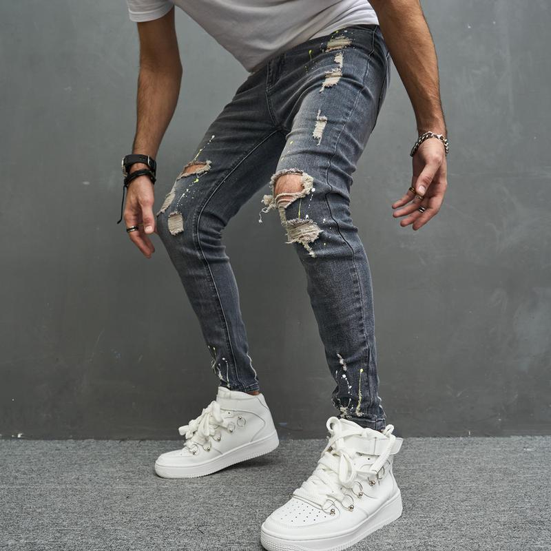 Men Hip Hop Speckle ink Printed Ripped Distressed Skinny Pencil Jeans Stylish Holes Male Stretch Denim Pants For Men's Trousers