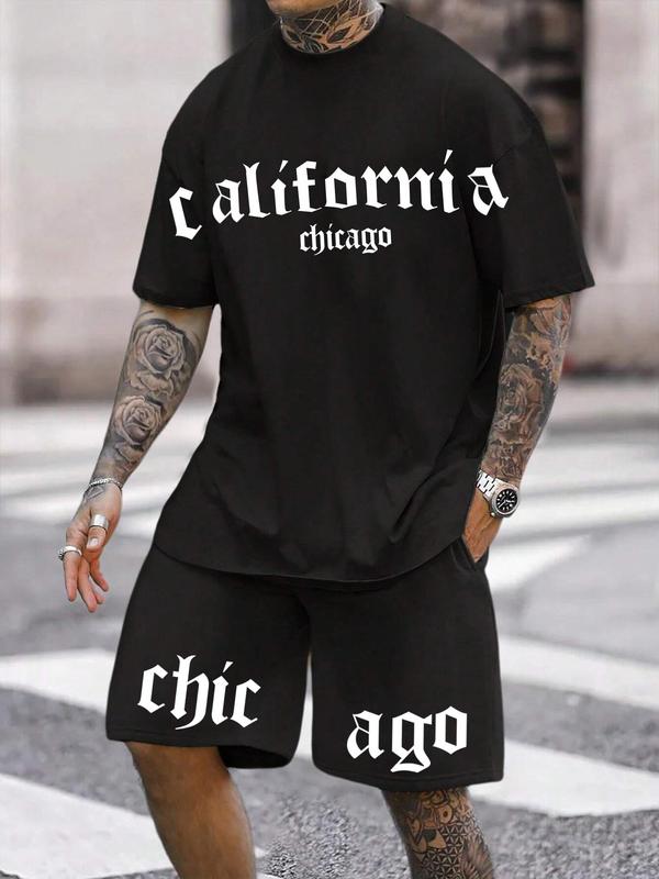 Men's Letter Print Tee & Drawstring Waist Shorts Set, Crew Neck Short Sleeve T-shirt & Track Shorts, Casual Top & Bottoms for Summer Outdoor Streetwear