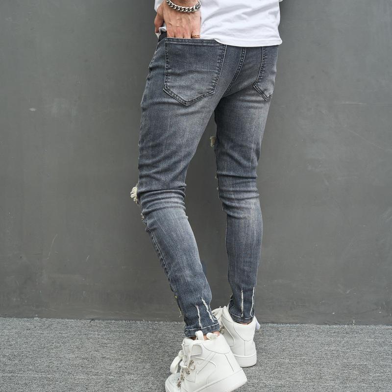 Men Hip Hop Speckle ink Printed Ripped Distressed Skinny Pencil Jeans Stylish Holes Male Stretch Denim Pants For Men's Trousers