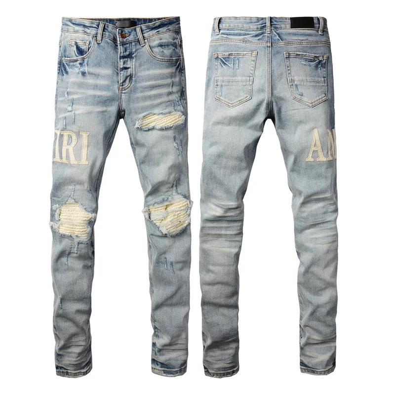 American Amirie jeans Men High street Top quality vintage repair low elevation skinny hold denim trousers pants 8905