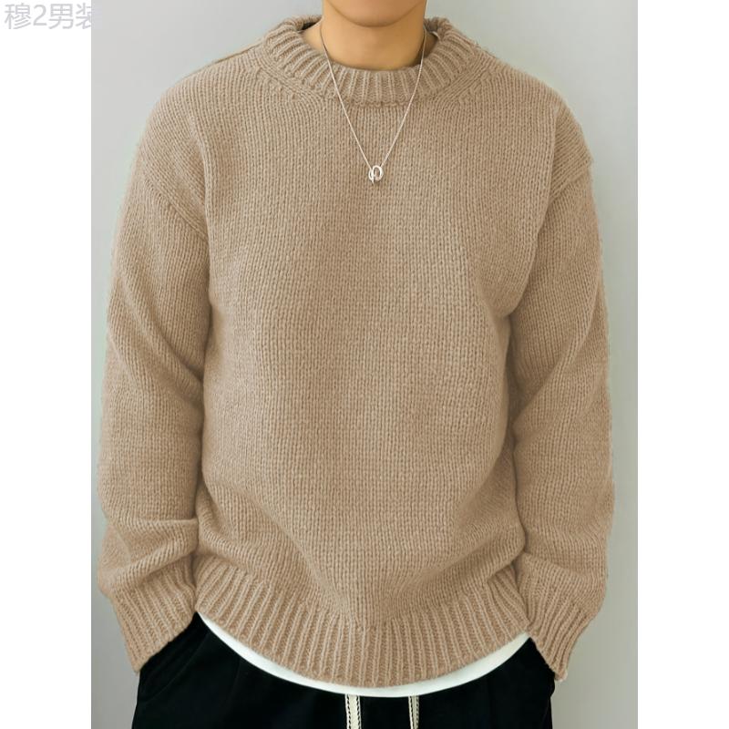 Mens Cozy Solid Knitted Crew Neck Pullover Sweater - Soft Slight Stretch Polyester Fabric, Regular Fit, Casual Style for Fall and Winter Seasons - Long Sleeve, No Sheer, Easy Wear Knitwear Menswear Collar Tops Longsleeves Beige Plain Knife