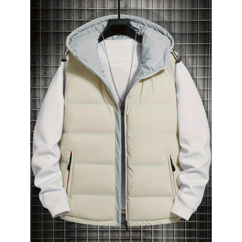 Men's Casual Hooded Puffer Vest, Regular Fit Solid Color Autumn Winter Vest With Pockets, Outdoor Cloth Tops