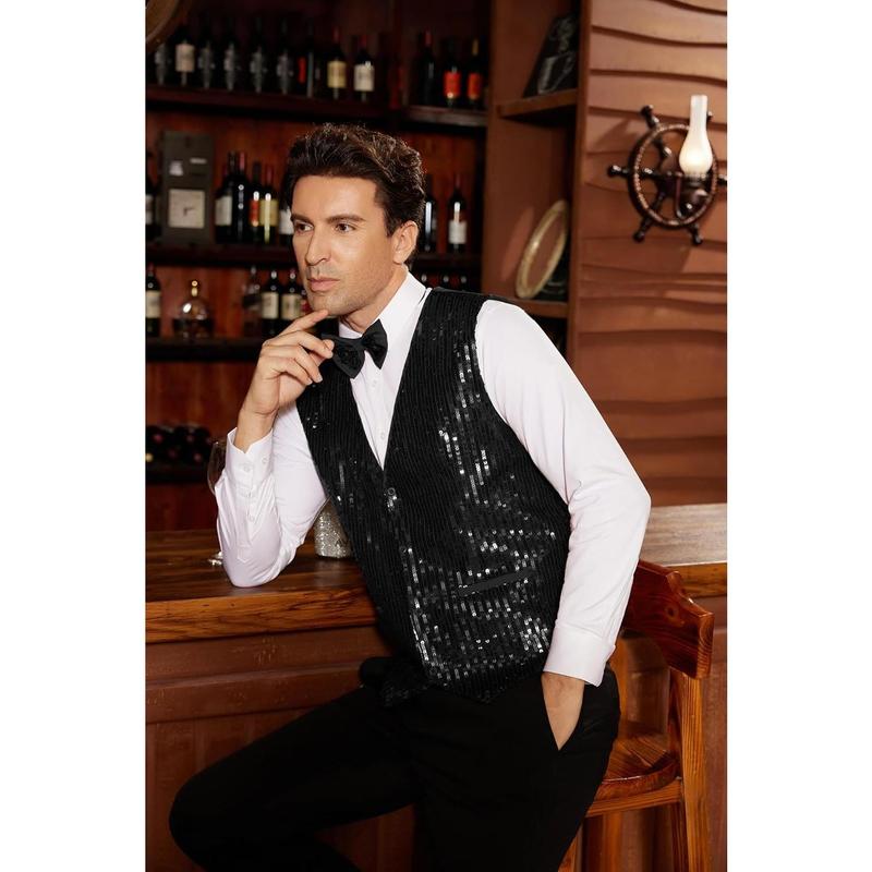 Man Sequin Vest Slim Fit Shiny Dress Waistcoat Bowtie Set for Wedding Prom Party