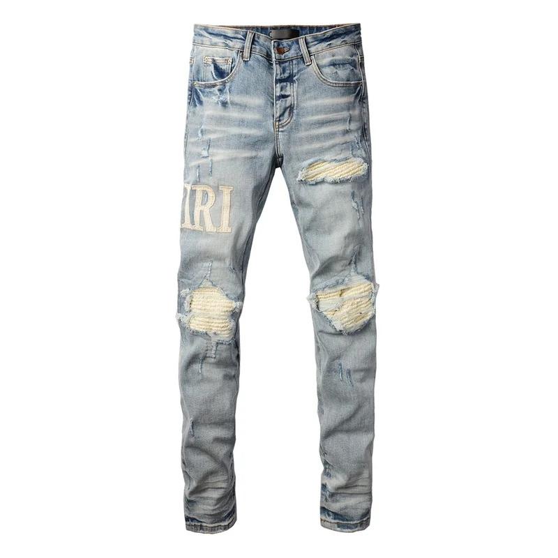 American Amirie jeans Men High street Top quality vintage repair low elevation skinny hold denim trousers pants 8905