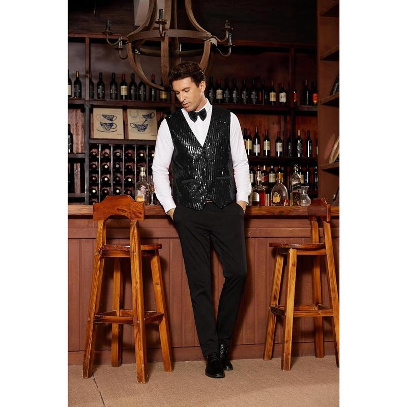 Man Sequin Vest Slim Fit Shiny Dress Waistcoat Bowtie Set for Wedding Prom Party