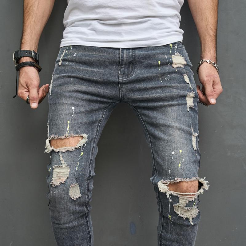 Men Hip Hop Speckle ink Printed Ripped Distressed Skinny Pencil Jeans Stylish Holes Male Stretch Denim Pants For Men's Trousers