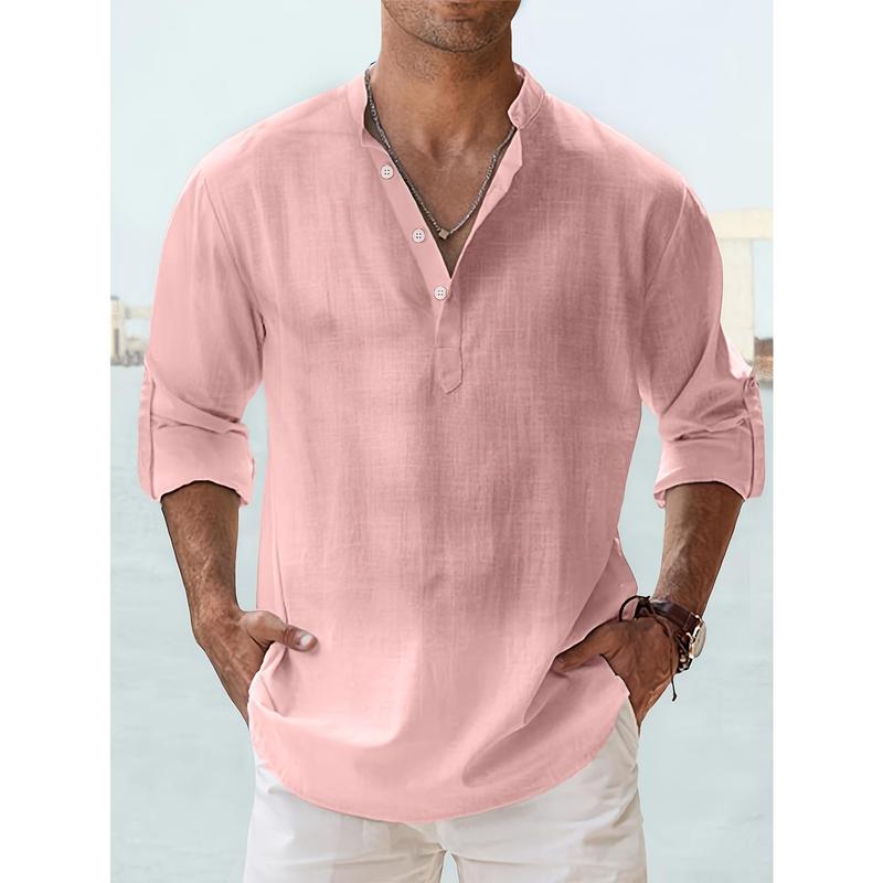 Casual All-match Men's Solid Long Sleeve Shirt With Button & Boat Neck, Spring Fall Outdoor Menswear Top