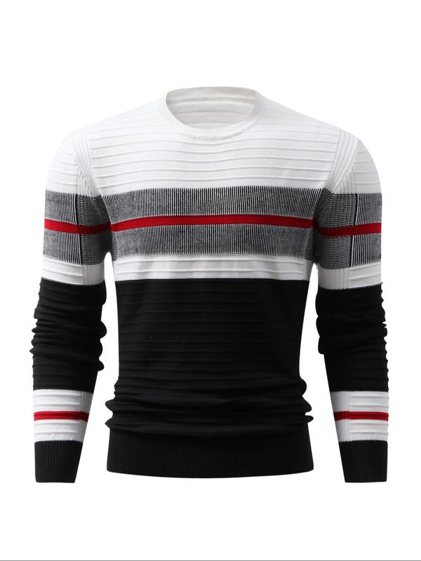 Men's Colorblock Striped Print Round Neck Sweater,  Casual Long Sleeve Jumper for Fall & Winter, Fashion Men's Knitwear for Daily Wear