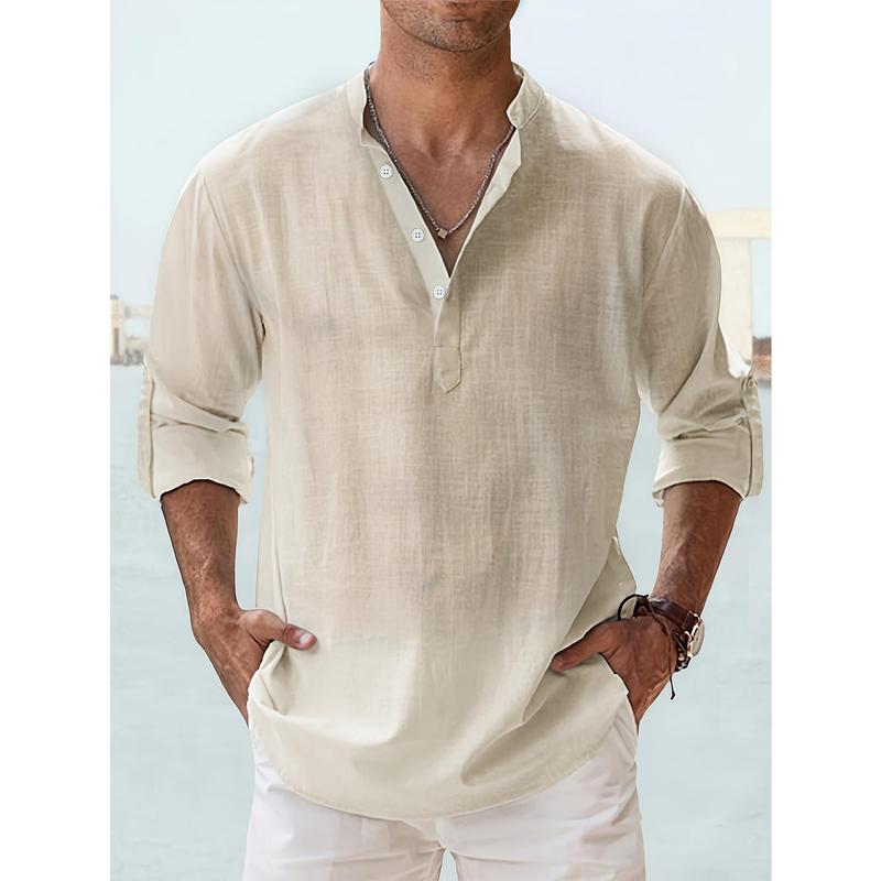 Casual All-match Men's Solid Long Sleeve Shirt With Button & Boat Neck, Spring Fall Outdoor Menswear Top