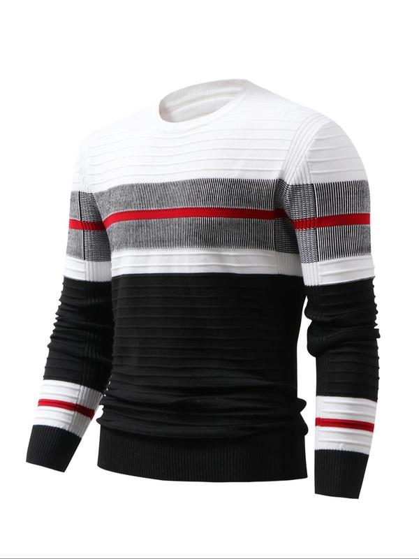 Men's Colorblock Striped Print Round Neck Sweater,  Casual Long Sleeve Jumper for Fall & Winter, Fashion Men's Knitwear for Daily Wear