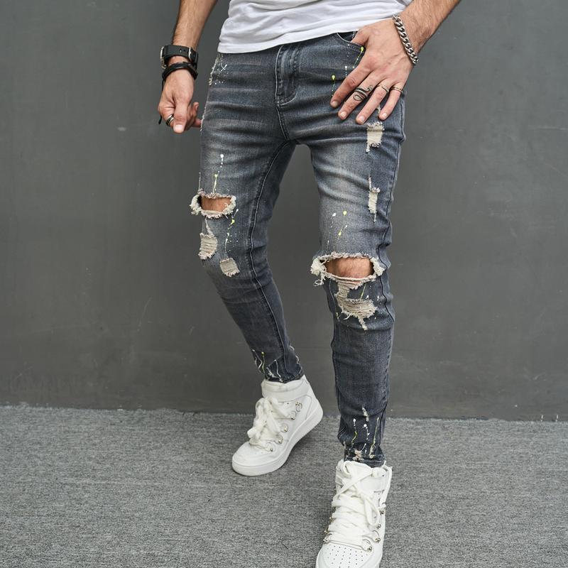 Men Hip Hop Speckle ink Printed Ripped Distressed Skinny Pencil Jeans Stylish Holes Male Stretch Denim Pants For Men's Trousers