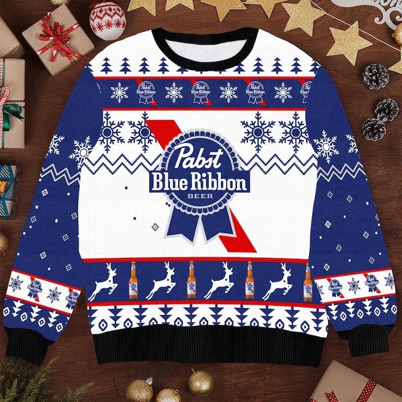 Pabst Blue Ribbon Christmas Ugly Sweater, Funny PBR Beer Xmas Sweater, Holiday Pabst Blue Ribbon Sweater, PBR Beer Lovers Christmas Sweater