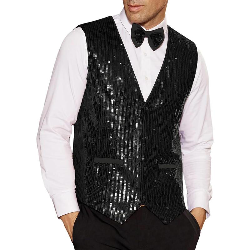 Man Sequin Vest Slim Fit Shiny Dress Waistcoat Bowtie Set for Wedding Prom Party