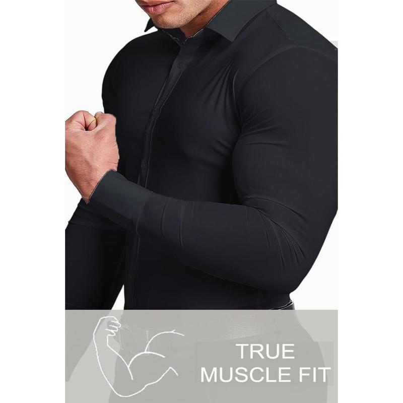 Men's muscle fit dress shirts athletic slim fit long sleeve stretch casual button down shirt