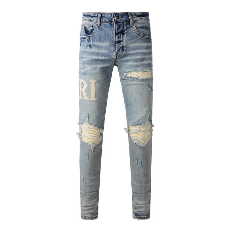 American Amirie jeans Men High street Top quality vintage repair low elevation skinny hold denim trousers pants 8905