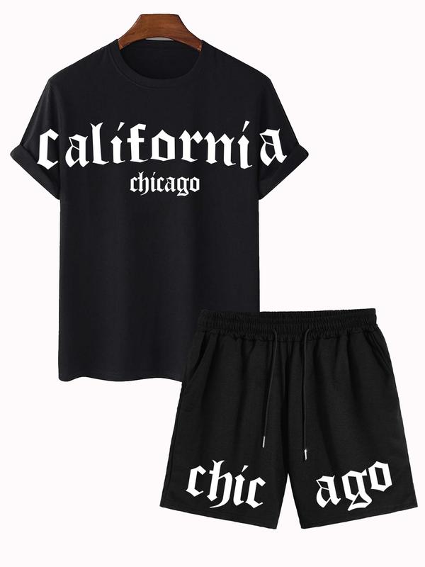 Men's Letter Print Tee & Drawstring Waist Shorts Set, Crew Neck Short Sleeve T-shirt & Track Shorts, Casual Top & Bottoms for Summer Outdoor Streetwear