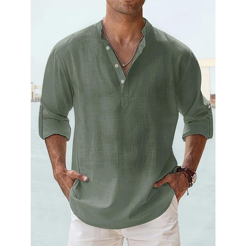 Casual All-match Men's Solid Long Sleeve Shirt With Button & Boat Neck, Spring Fall Outdoor Menswear Top