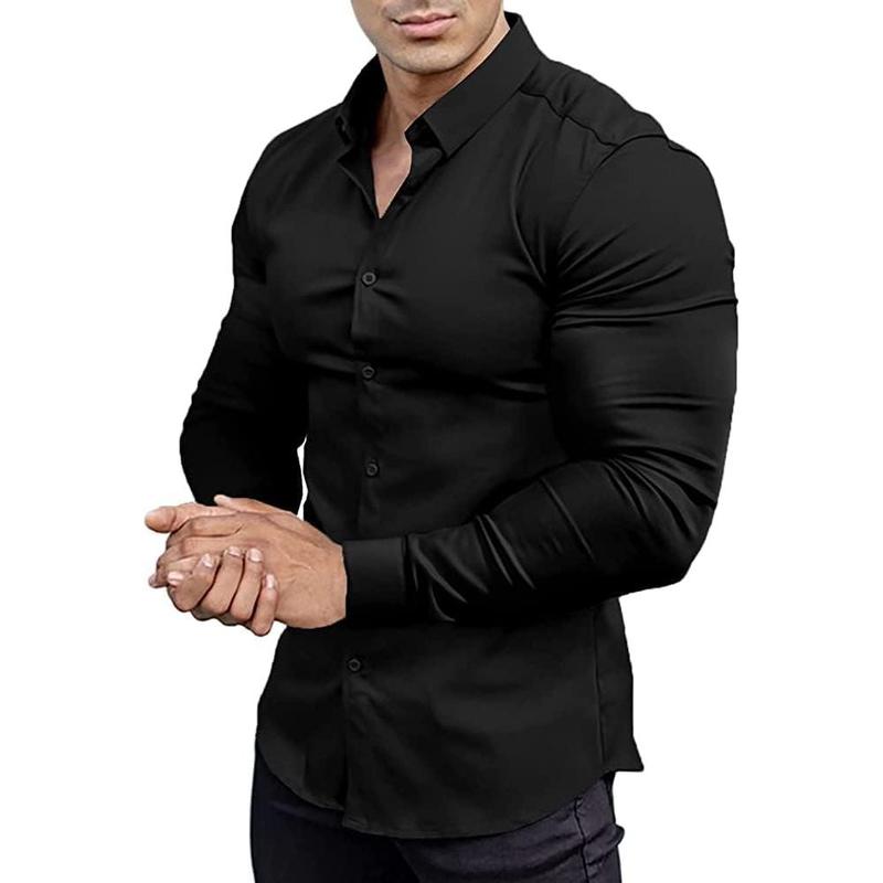 Men's muscle fit dress shirts athletic slim fit long sleeve stretch casual button down shirt