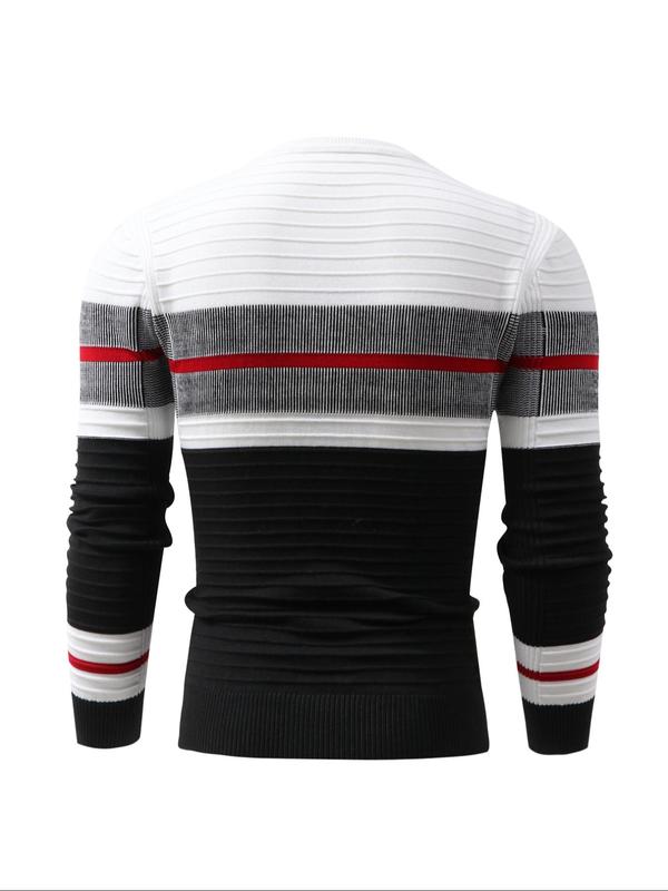 Men's Colorblock Striped Print Round Neck Sweater,  Casual Long Sleeve Jumper for Fall & Winter, Fashion Men's Knitwear for Daily Wear