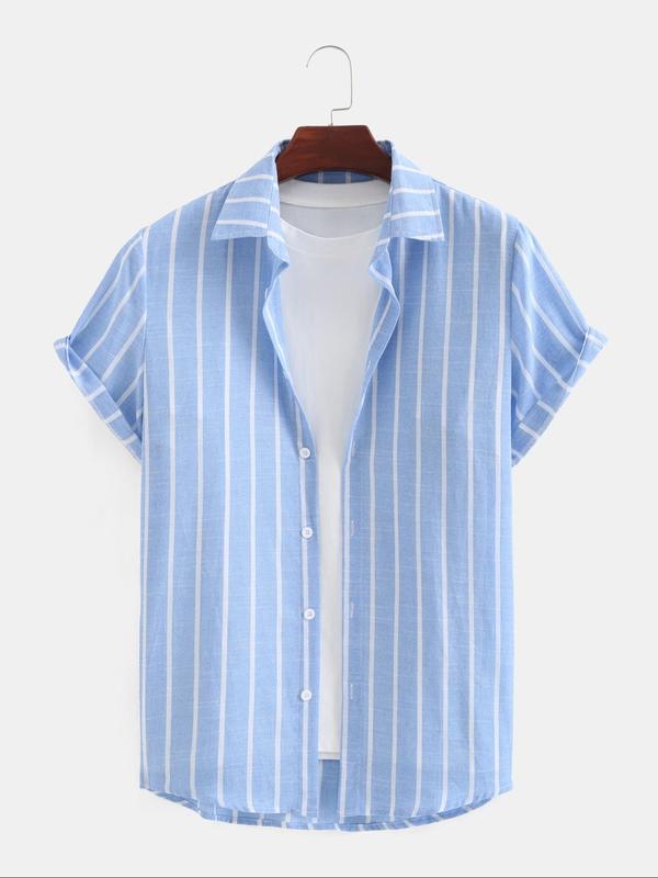 Men's Striped Print Button Front Shirt, Regular Fit Casual Short Sleeve Collar Shirt for Summer, Men's Top for Daily Wear