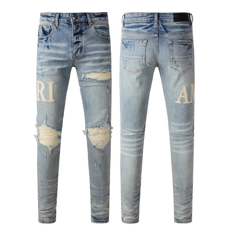 American Amirie jeans Men High street Top quality vintage repair low elevation skinny hold denim trousers pants 8905