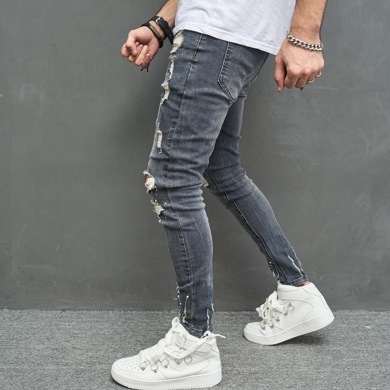 Men Hip Hop Speckle ink Printed Ripped Distressed Skinny Pencil Jeans Stylish Holes Male Stretch Denim Pants For Men's Trousers