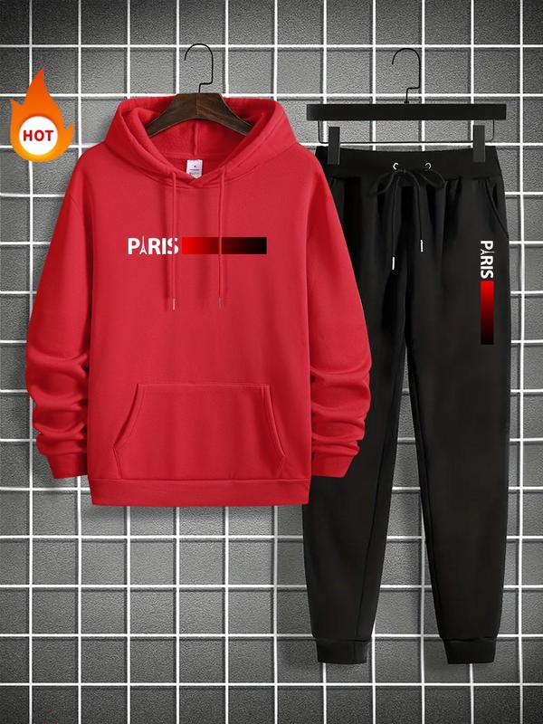 Men's Letter Print Sweatshirt & Drawstring Waist Sweatpants Set, Casual Regular Fit Long Sleeve Hooded Pullover & Pocket Jogger Pants, Men's Fall & Winter Clothes