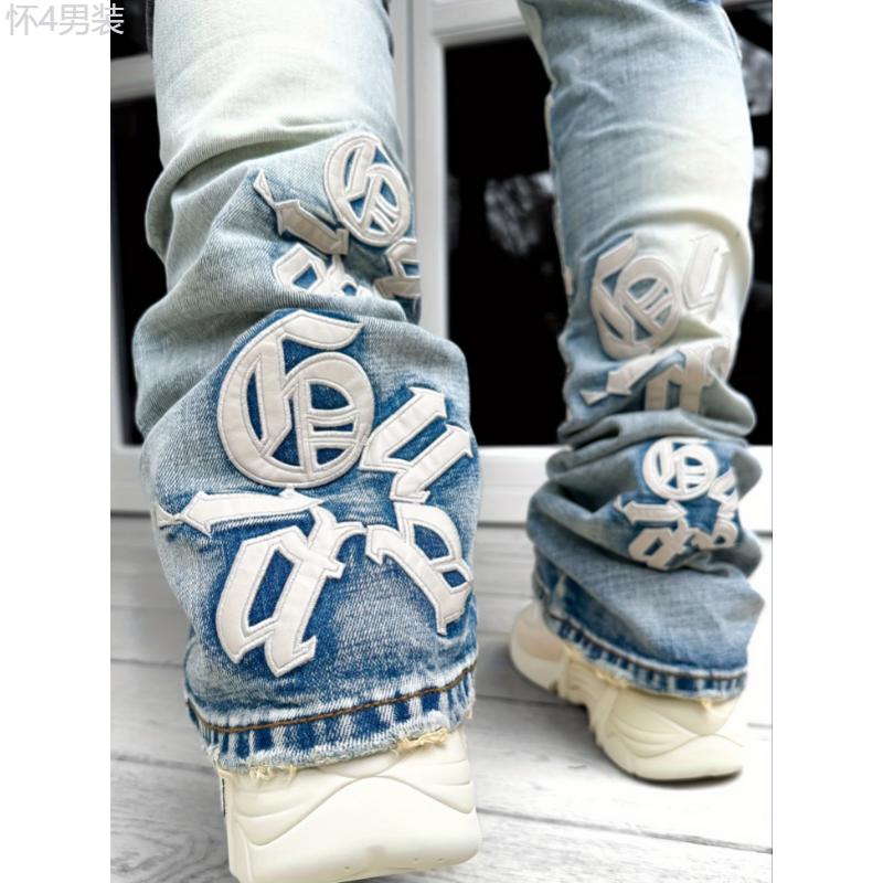 Mens Bold Letter Embroidered Jeans Fashion-Forward Chic Street Style - Timeless Retro Denim Pants Menswear Polyester