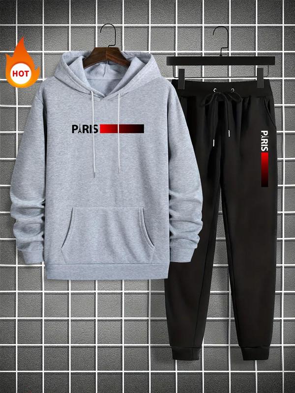 Men's Letter Print Sweatshirt & Drawstring Waist Sweatpants Set, Casual Regular Fit Long Sleeve Hooded Pullover & Pocket Jogger Pants, Men's Fall & Winter Clothes