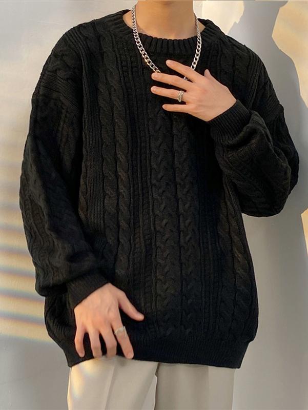 Men's Crewneck Sweater Casual Cable Knit Pullover Sweater Drop Shoulder Solid Knitted Sweaters