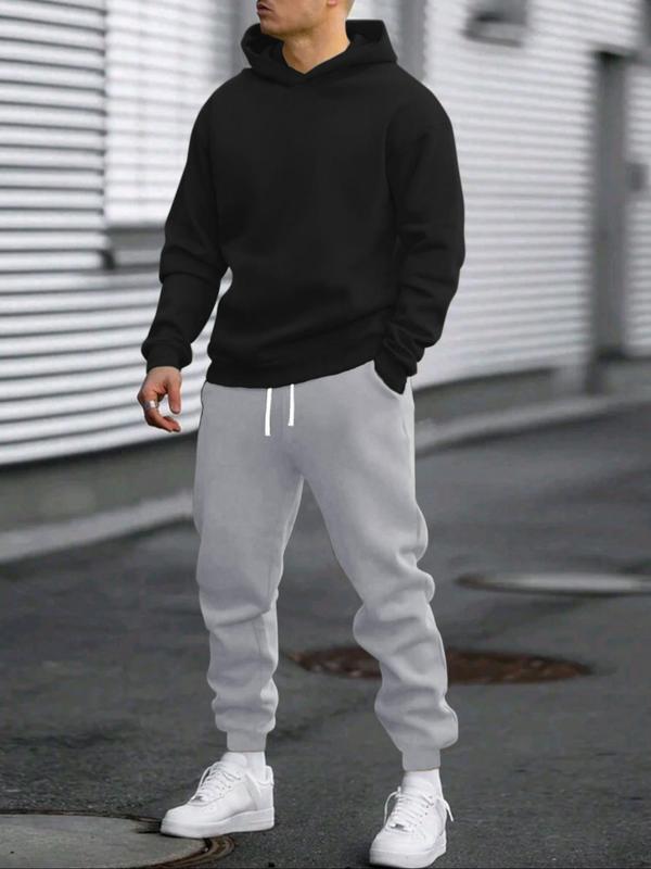 Men's Solid Long Sleeve Hoodie & Drawstring Waist Sweatpants Set, Casual Regular Fit Round Neck Hooded Sweatshirt & Pocket Jogger Pants, Men's Two-piece Outfits for Fall & Winter