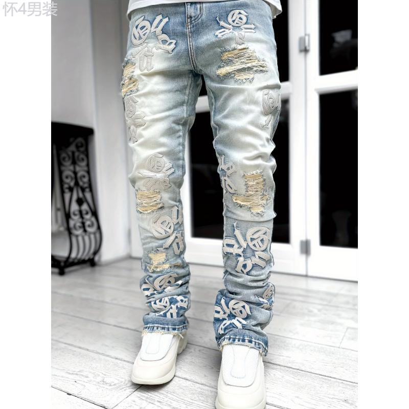 Mens Bold Letter Embroidered Jeans Fashion-Forward Chic Street Style - Timeless Retro Denim Pants Menswear Polyester