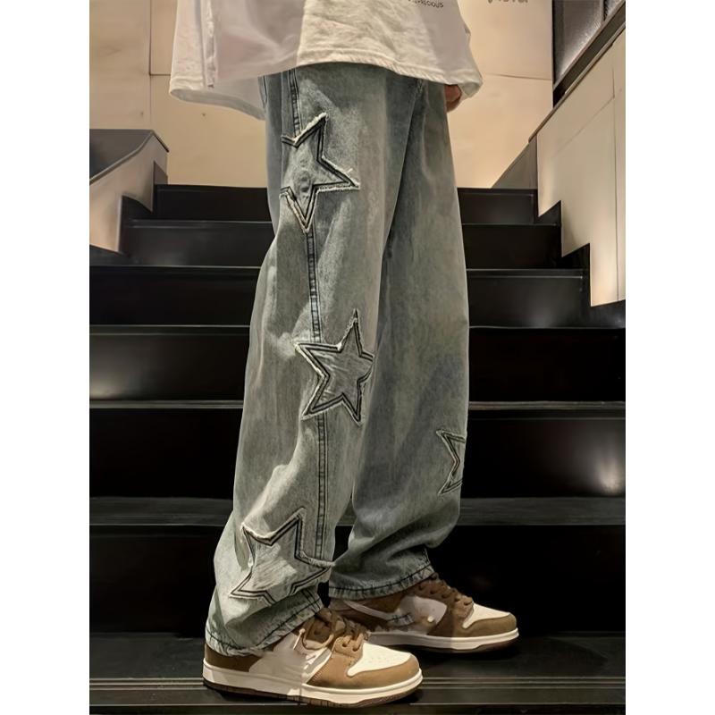 Men's Classic Jeans Men's Loose Fit Straight Leg Y2k Star Pattern Jeans, Casual Street Style Denim Pants