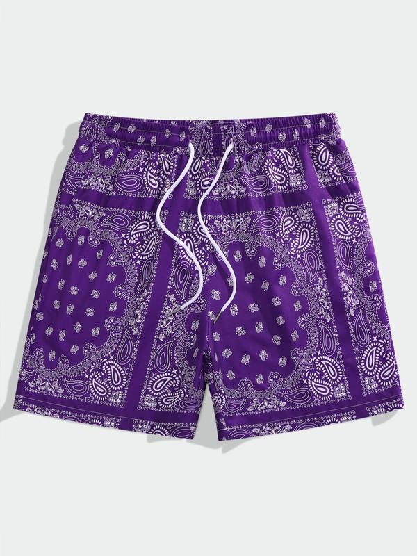 Men's Random Paisley Pattern Pocket Shorts, Boho Drawstring Waist Shorts for Summer Beach Vacation, Mens Bottoms for Daily Wear