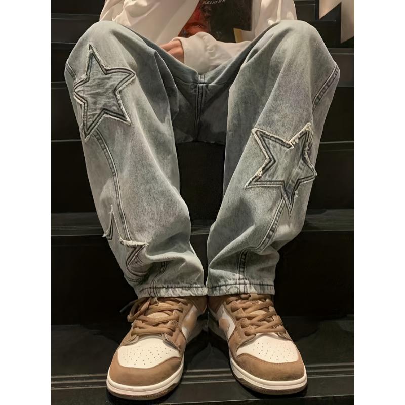 Men's Classic Jeans Men's Loose Fit Straight Leg Y2k Star Pattern Jeans, Casual Street Style Denim Pants