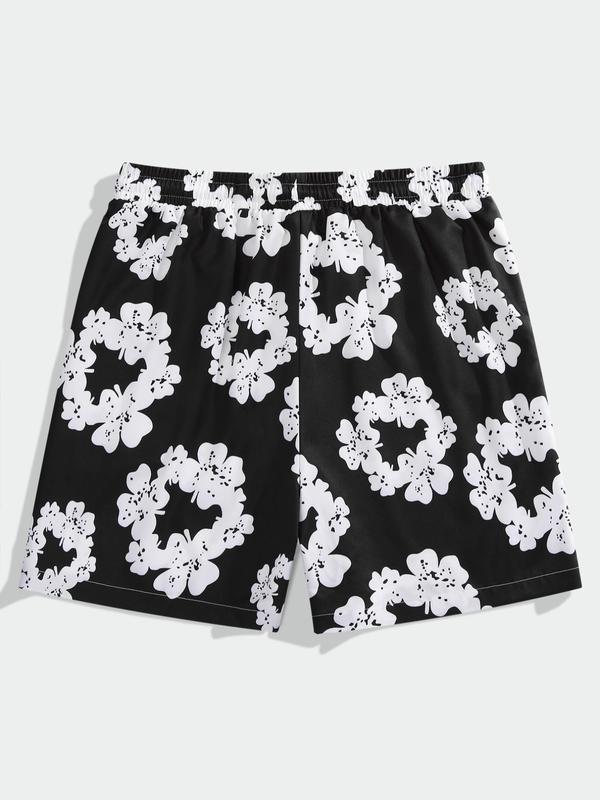 2024Men's Random Floral Print Pocket Shorts, Regular Fit Casual Drawstring Waist Beach Shorts, Back To School Summer Clothes, Summer Bottoms for Men