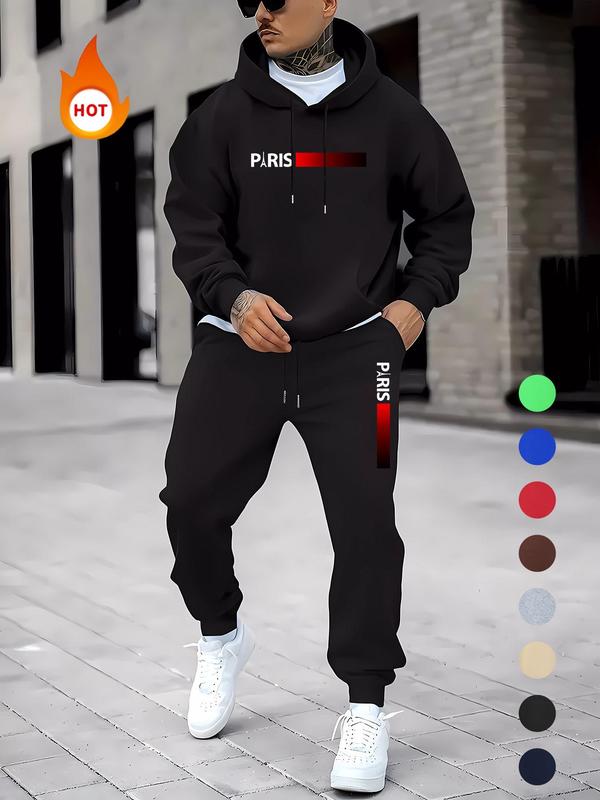 Men's Letter Print Sweatshirt & Drawstring Waist Sweatpants Set, Casual Regular Fit Long Sleeve Hooded Pullover & Pocket Jogger Pants, Men's Fall & Winter Clothes