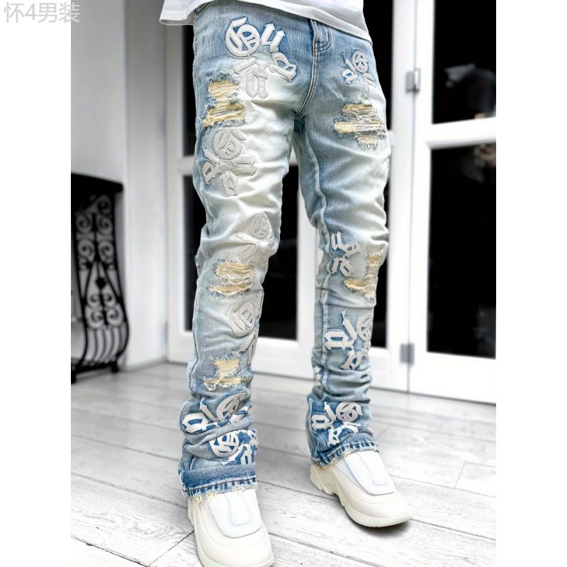 Mens Bold Letter Embroidered Jeans Fashion-Forward Chic Street Style - Timeless Retro Denim Pants Menswear Polyester