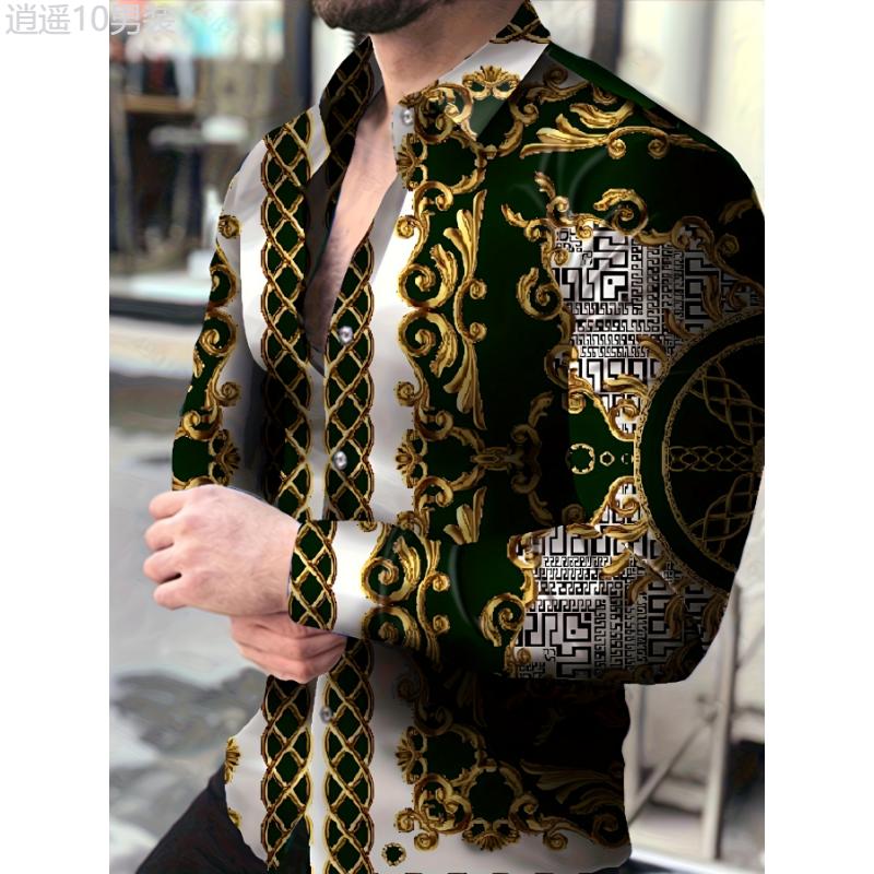 Men's Vintage Style Graphic Pattern Long Sleeve And Button Down Lapel Shirt, Chic And Stylish Tops For Spring And Fall Banquet And Party Wear Collar Menswear Polyester Casual Fabric Vibe Knife Fashion