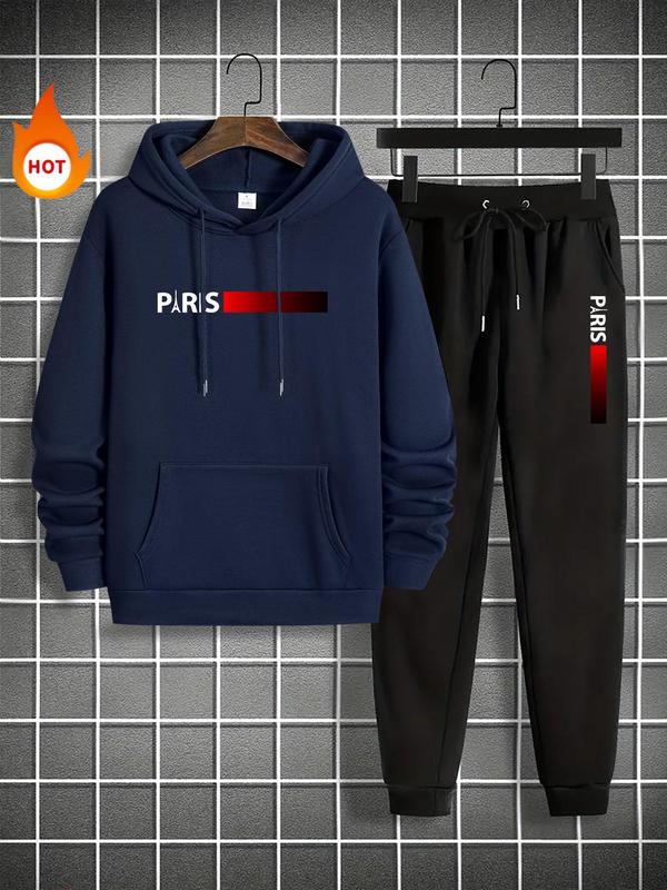 Men's Letter Print Sweatshirt & Drawstring Waist Sweatpants Set, Casual Regular Fit Long Sleeve Hooded Pullover & Pocket Jogger Pants, Men's Fall & Winter Clothes