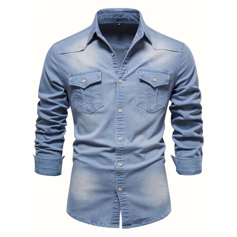 Denim Men's Shirt Top Turn-Down Collar Long Sleeve Closure Male Casual Shirt For Men Daily Vacation Streetwear