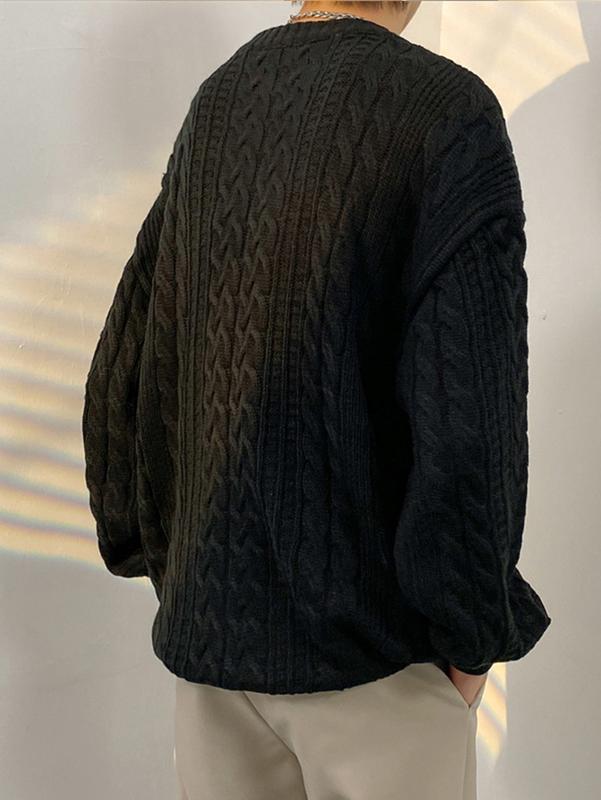 Men's Crewneck Sweater Casual Cable Knit Pullover Sweater Drop Shoulder Solid Knitted Sweaters