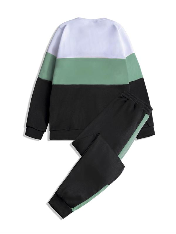 Men's Colorblock Letter Print Two-piece Outfits, Fashion Long Sleeve Sweatshirt & Drawstring Pocket Side Stripe Sweatpants, Men's Clothes, Going Out Outfits