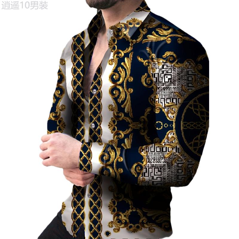 Men's Vintage Style Graphic Pattern Long Sleeve And Button Down Lapel Shirt, Chic And Stylish Tops For Spring And Fall Banquet And Party Wear Collar Menswear Polyester Casual Fabric Vibe Knife Fashion