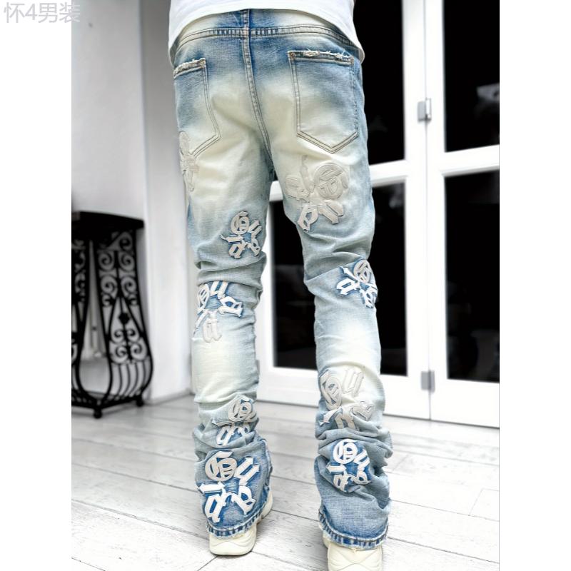 Mens Bold Letter Embroidered Jeans Fashion-Forward Chic Street Style - Timeless Retro Denim Pants Menswear Polyester