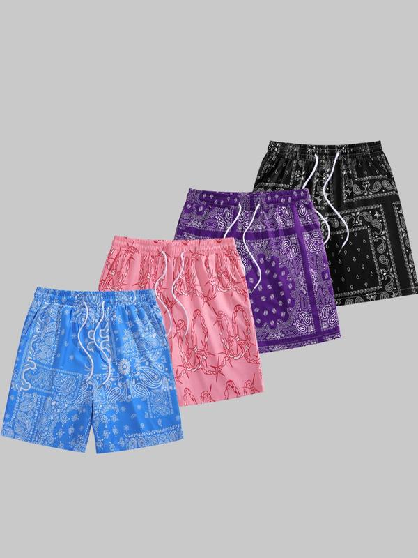 Men's Random Paisley Pattern Pocket Shorts, Boho Drawstring Waist Shorts for Summer Beach Vacation, Mens Bottoms for Daily Wear