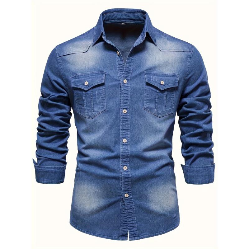 Denim Men's Shirt Top Turn-Down Collar Long Sleeve Closure Male Casual Shirt For Men Daily Vacation Streetwear