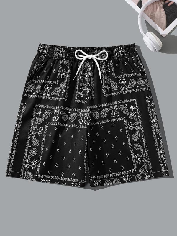 Men's Random Paisley Pattern Pocket Shorts, Boho Drawstring Waist Shorts for Summer Beach Vacation, Mens Bottoms for Daily Wear