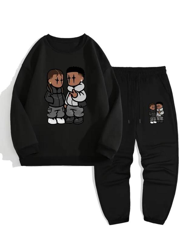 Two-Piece Set Men's Cartoon Figure Print Sweatshirt & Drawstring Waist Sweatpants Set, Loose Casual Round Neck Long Sleeve Pullover & Pocket Jogger Pants, Two-piece Outfits for Fall & Winter