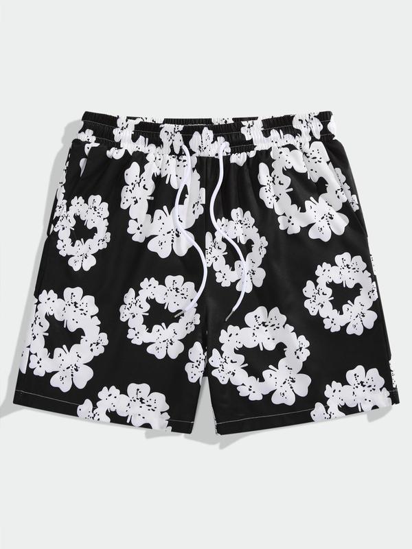 2024Men's Random Floral Print Pocket Shorts, Regular Fit Casual Drawstring Waist Beach Shorts, Back To School Summer Clothes, Summer Bottoms for Men